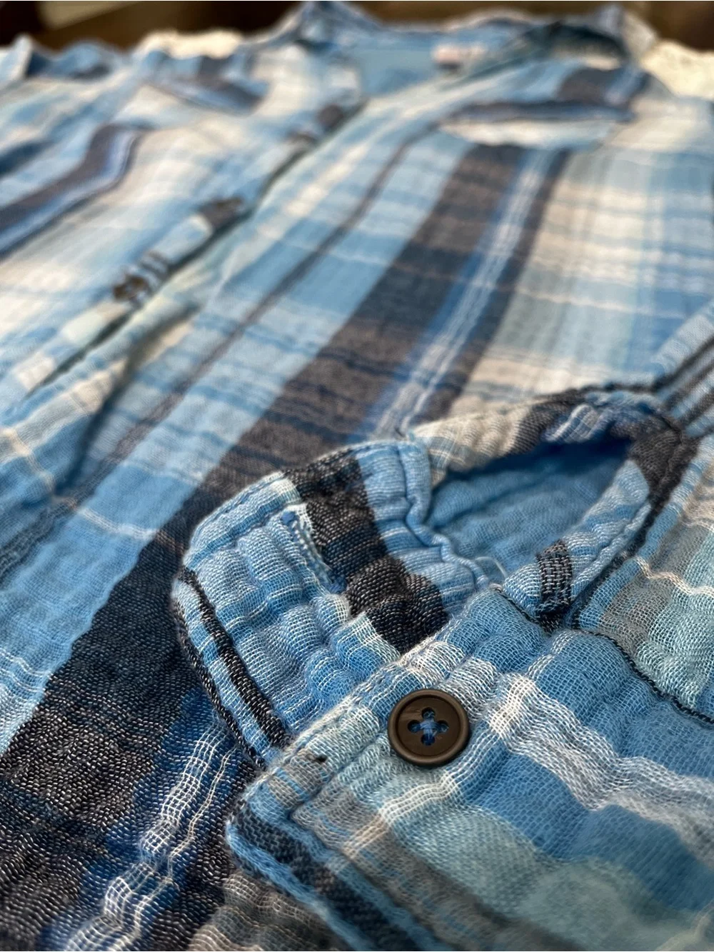 Justice Blue Plaid Button-Down Shirt with Lace Shoulders